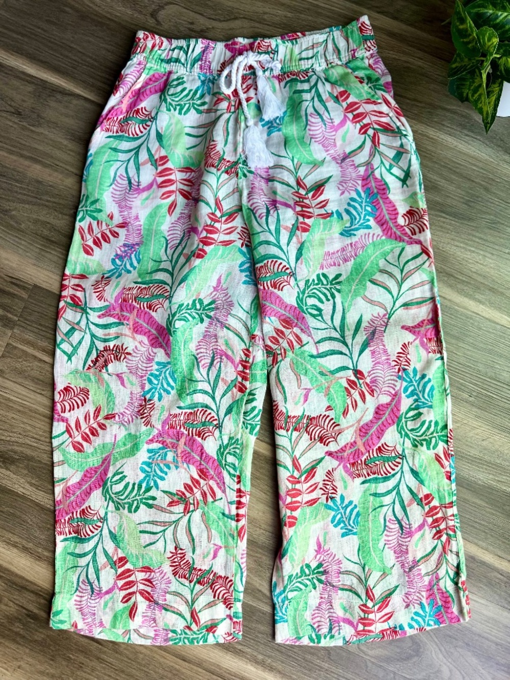 Tropical Resort Wide Leg Palazzo Pants Tassel Tie Botanical Print White - Picture 4 of 14